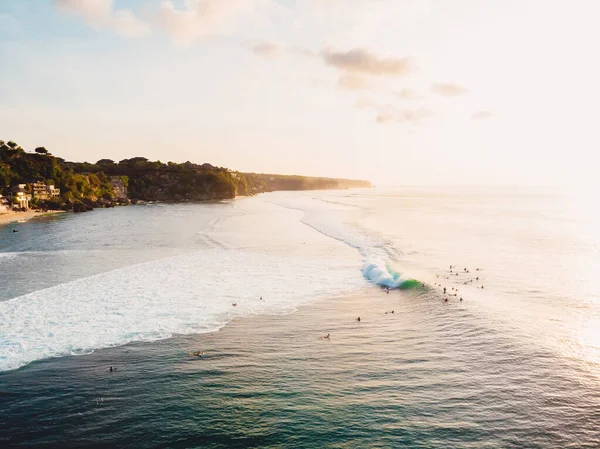 Aerial View Ocean Waves Surfers Evening Light Drone View Bali — Stock Photo, Image