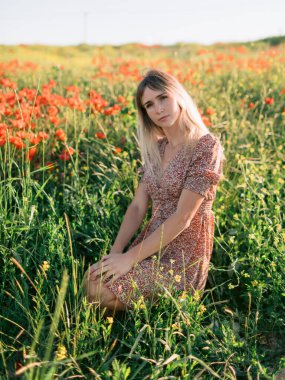 Çekici sarışın kadın gün batımında haşhaş tarlasında kameraya bakıyor. Yumuşak renklerde özgürlük kavramı.