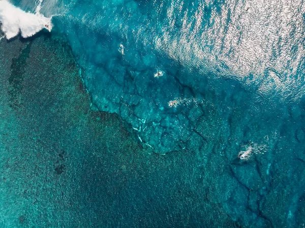 Aerial view of a lot surfers in transparent blue ocean with waves. Top view