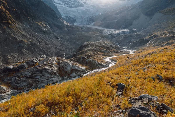 Montanhas Rochosas Geleira Relva Outonal Paisagem Montanha Alpina Com Rio — Fotografia de Stock