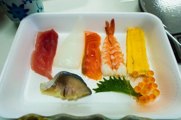 Assorted Raw Fish Foam Pan Material Prepared Practicing Sushi Teaching — Stock Photo, Image