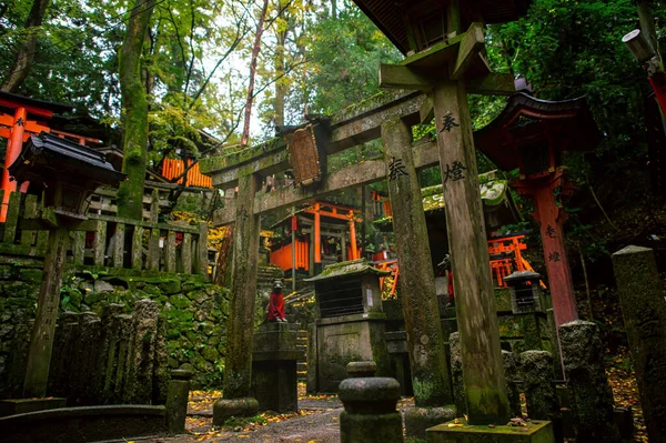 2016 11月22日 秋の森の中の古い神社 苔の緑はそれが新鮮でしっとり見えるようになります 雰囲気が怖いと孤独なようだ 伏見稲荷神社で — ストック写真