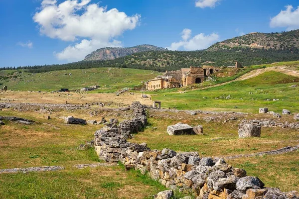 Ruins Ancient City Hierapolis Pamukkale Summer Green Grass Red Flowers — Stock Photo, Image