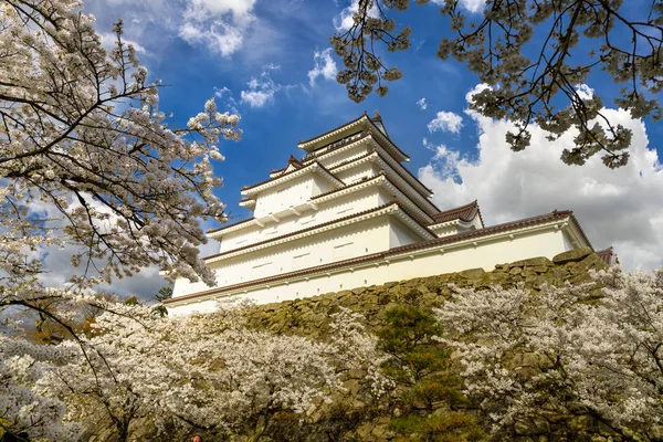 福島県会津若松市の鶴ヶ城や若松城 春の日本非常に美しい青空と満開の桜 — ストック写真