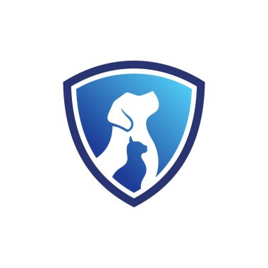 Köpek ve kedi siluetiyle kalkan logosu, evcil hayvan kliniği ikonu