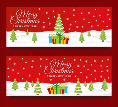 Mutlu Noeller ve mutlu yeni yıl afişleri Noel ağacı ve kırmızı arkaplanlı