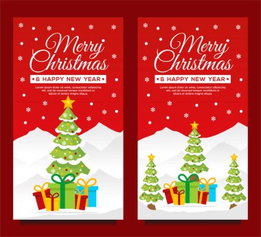 Mutlu Noeller ve mutlu yeni yıl afişleri Noel ağacı ve kırmızı arkaplanlı