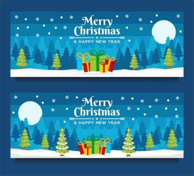 Mutlu Noeller ve mutlu yeni yıl afişleri Noel ağacı ve mavi arkaplanlı