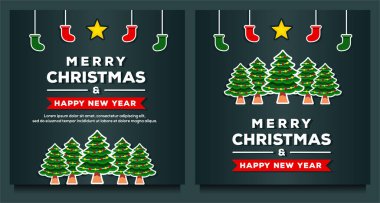 Mutlu Noeller ve mutlu yıllar sosyal medya paylaşımı, Noel ağacı ve çorap banner şablonu