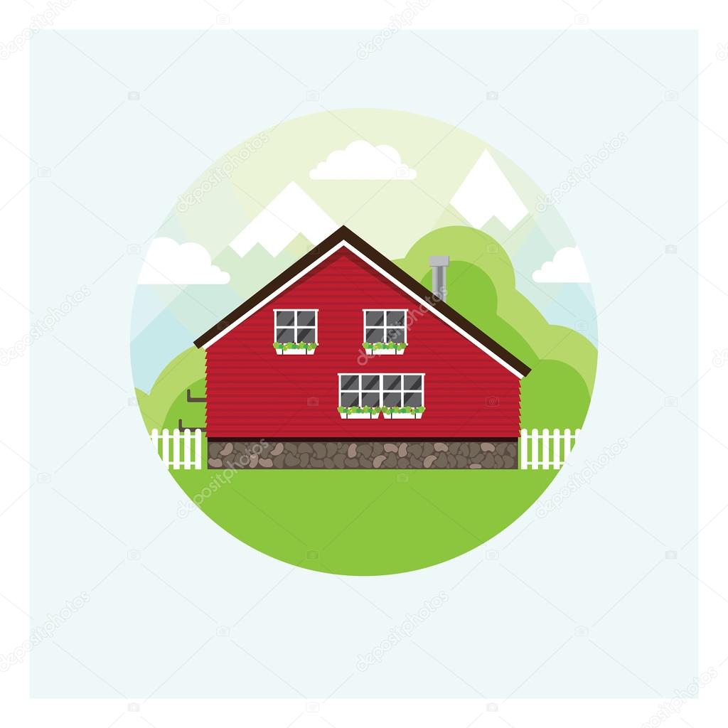 Circular illustration of a red house