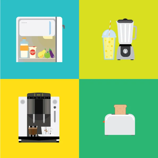 Τέσσερις πανό με διαφορετικούς τύπους συσκευών κουζινών. — Διανυσματικό Αρχείο
