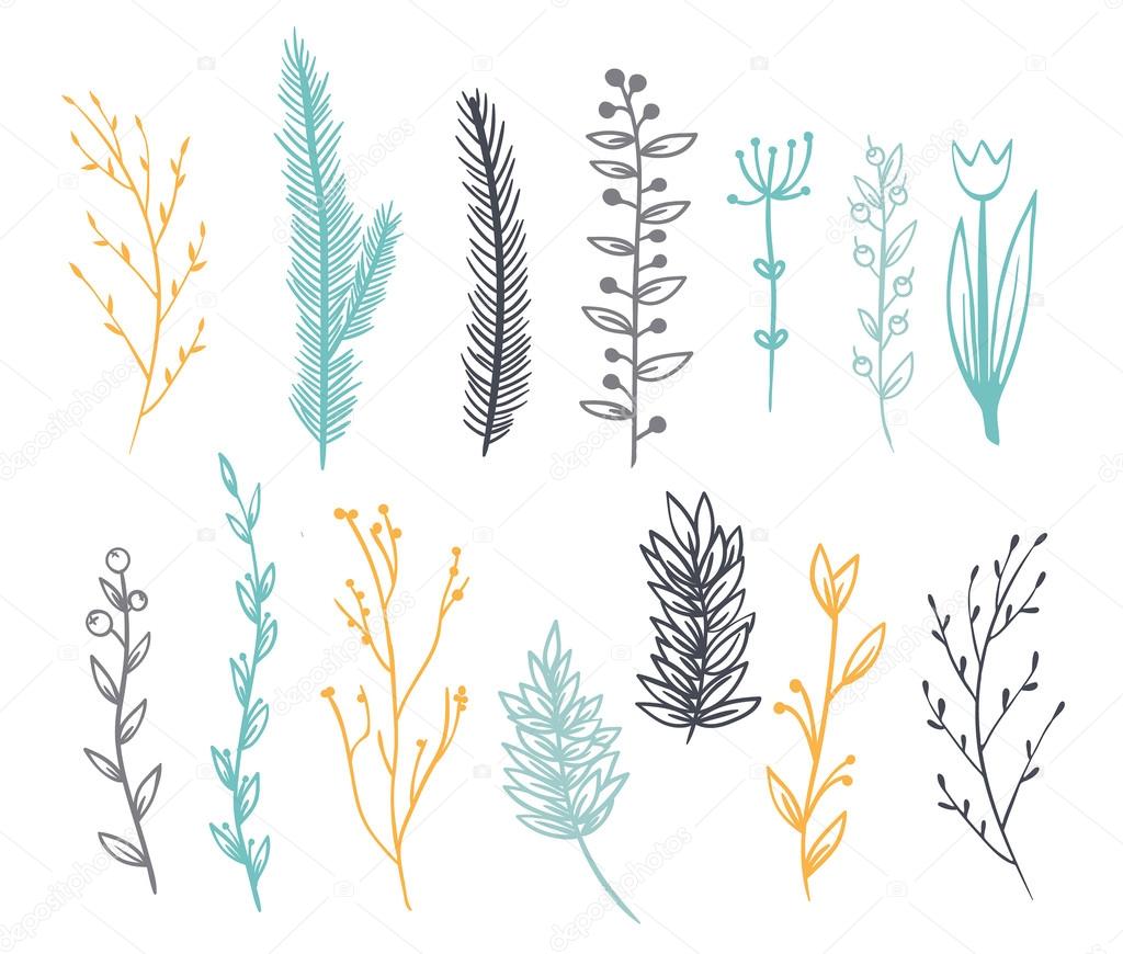 Set of branches for decoration. It contains fourteen different branches. There are hardwood, pine, berries, flowers. Done in pastel colors. Background white.