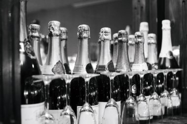 Barda arka arkaya renkli şampanya şişeleri, siyah beyaz kutlama konsepti.