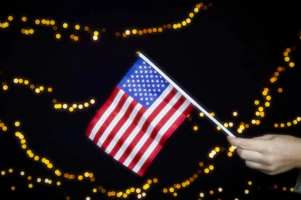 Usa Flag Red White Blue Sparkling Yellow Bokeh Background Copy — Stock Photo, Image