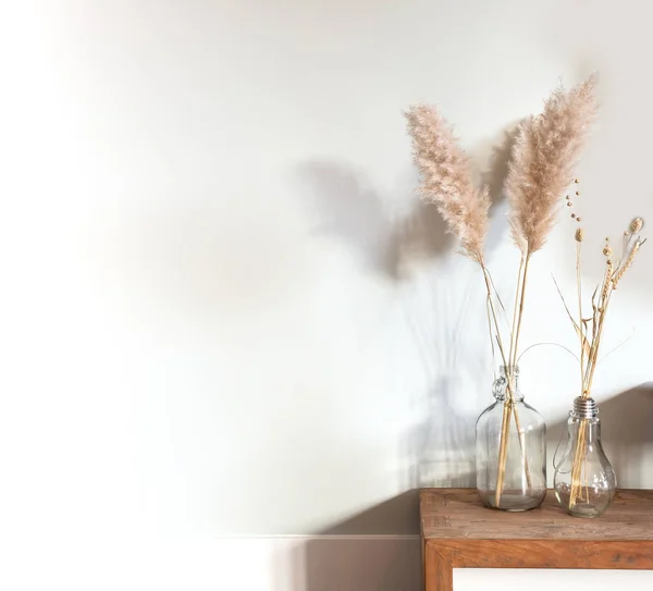 Στεγνό Γρασίδι Πάμπας Γυάλινο Βάζο Ξύλινο Τραπέζι Κοντά Λευκό Φόντο — Φωτογραφία Αρχείου