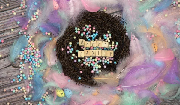 Colorful Easter eggs in bird nest surrounded with pastel colored feathers and wooden cubes with the text Happy Easter top view, modern background design, Easter holliday, Spring, concept — Stock fotografie