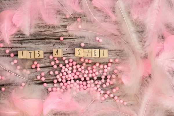 Tekst dziewczyny na drewnianym tle tekstury z różowymi piórami dla dziecka zaproszenie prysznic lub noworodka, dziewczyna ogłoszenie kartki z życzeniami, widok z góry kolorowy design — Zdjęcie stockowe