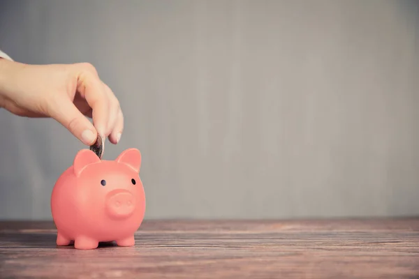 Human Hand Putting Coin Rosa Sparschwein Auf Verschwommenem Hintergrund Sparen — Stockfoto