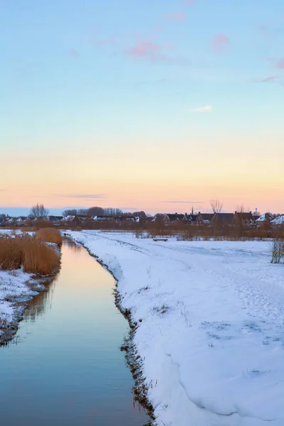 Paysage Hiver Aux Pays Bas Avec Beau Ciel Coucher Soleil — Photo