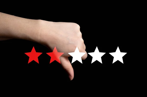 Bad review, Thumb down with red stars for bad service dislike bad quality, Customer experience, rating, social media concept background