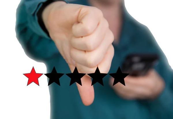 Bad review, Thumb down with red stars for bad service dislike bad quality, Customer experience, rating, social media concept background