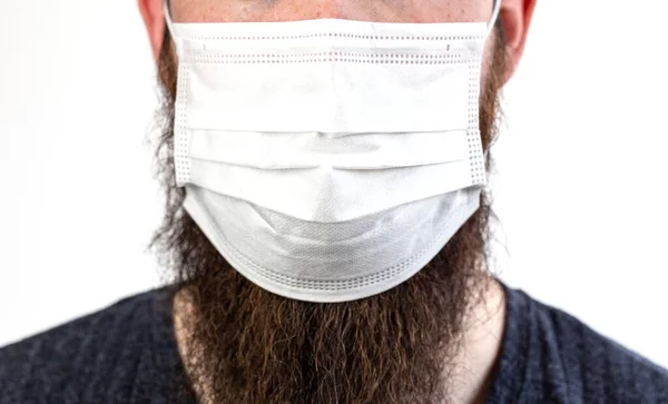 Caucasian Young Bearded Adult Man Wearing Protective Surgical Mask Avoid — Stock Photo, Image