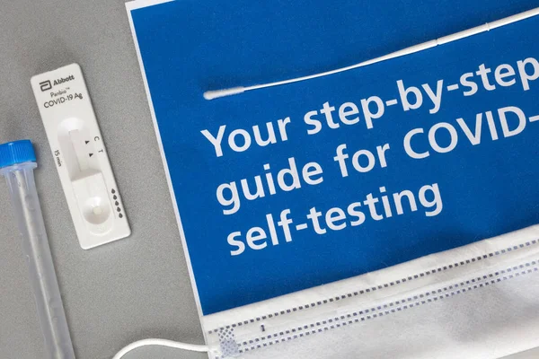 Abbott Panbio Covid Self Test Kit Coronavirus Home Gray Background — Stok Foto