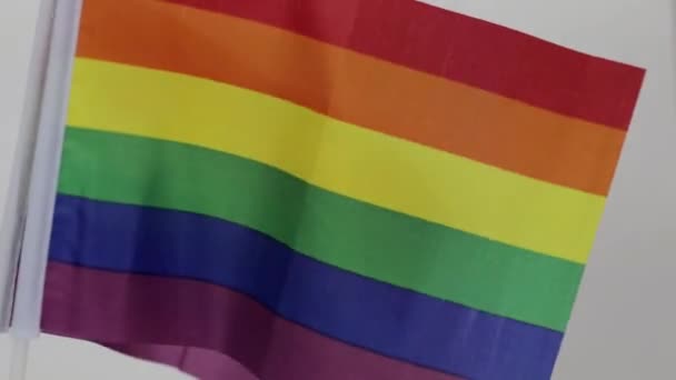 Steaguri colorate curcubeu fluturând în vânt. Simbolul LGBT și al păcii. Drepturile omului aproape, video colorat — Videoclip de stoc