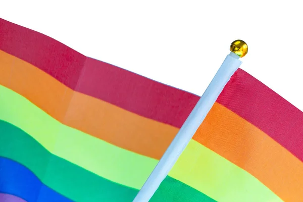 Σημαία Rainbow φωτεινά χρώματα στέκεται για ΛΟΑΤ, τα ανθρώπινα δικαιώματα και gay υπερηφάνεια απομονώνονται σε λευκό φόντο με αντίγραφο χώρου, μοντέρνο σχεδιασμό — Φωτογραφία Αρχείου