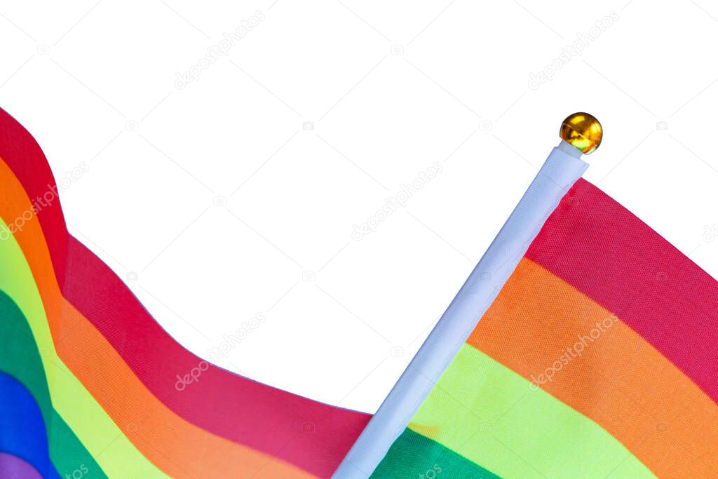Rainbow flag bright colors standing for LGBT, Human rights and gay pride isolated on white background with copy space, modern design