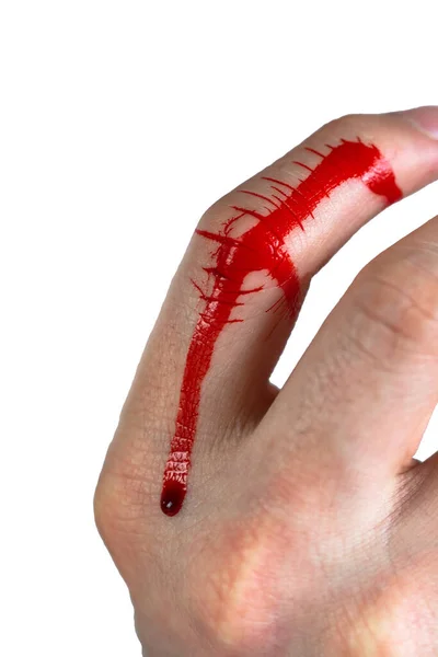 Verwundeter Finger mit Blut an der Hand, isoliert auf weißem Hintergrund, Kopierraum — Stockfoto