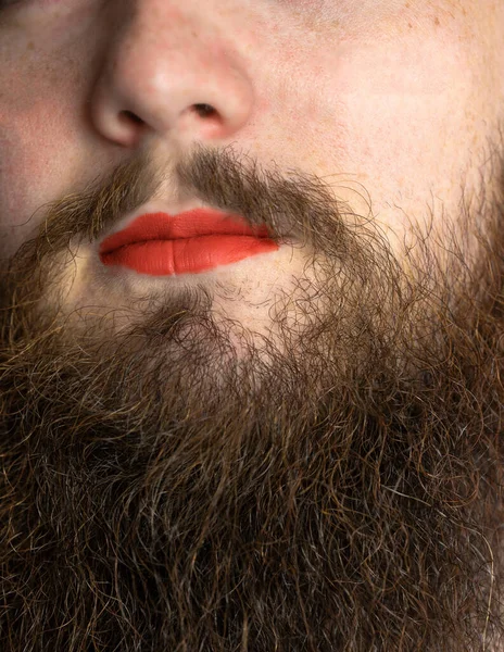 Bearded Man Red Lipstick His Lips Handsome Pride Transgender Portrait — Stock Photo, Image