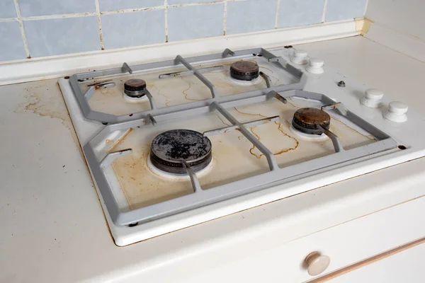 Estufa Gas Sucia Cocina Manchas Aceite Estufa Gas Cocina Una — Foto de Stock