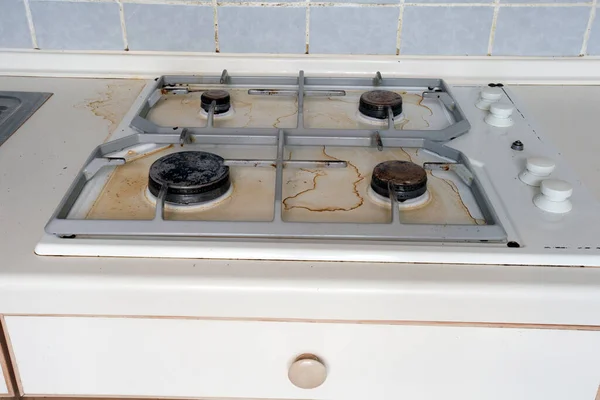 Kotor Gas Kompor Minyak Goreng Noda Pada Kompor Gas Kitchen — Stok Foto
