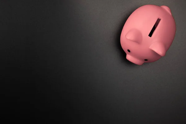 Pink Piggy Bank Black Background Top View Copy Space Savings — стокове фото
