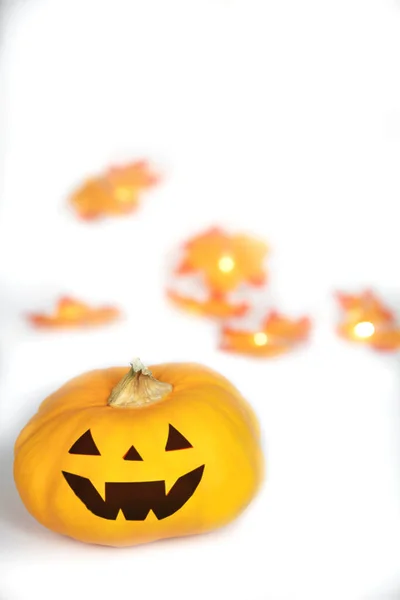 Halloween Jack Lantern Med Höst Lövverk Isolerad Vit Bakgrund Pumpa — Stockfoto