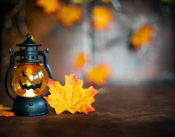 Halloween Tök Őszi Levelek Jack Lámpás Barna Háttér Textúra Halloween — Stock Fotó