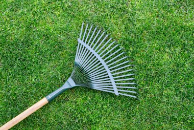 Tahta bir sopaya tırmık, çim kesme makası, bahçe aletleri.