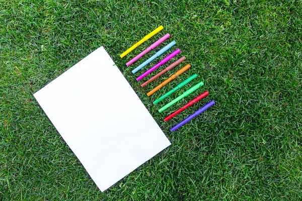 Multicolor markers, paper sheet on fresh green grass field. Flat lay — Stock Photo, Image