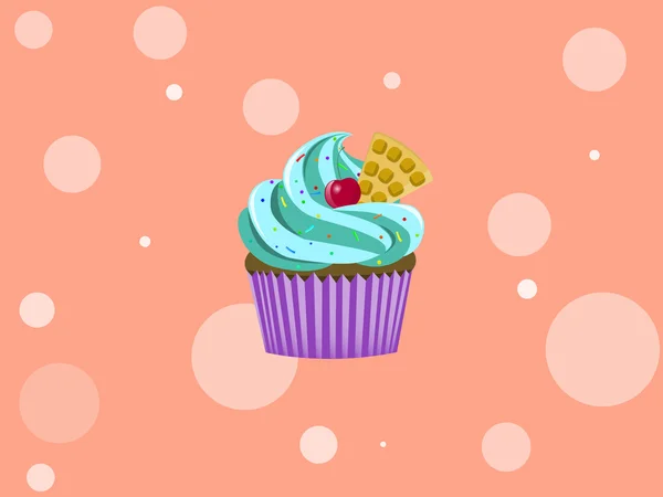 Cupcake con dulces coloridos, cereza y waffle. Fondo de ilustración vectorial . — Archivo Imágenes Vectoriales