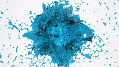 Soyut 3D sıvı simülasyon patlaması. Beyaz zemin üzerinde mavi akışkan sıvı patlama. Alfa kanalı. Doku arkaplan canlandırması.