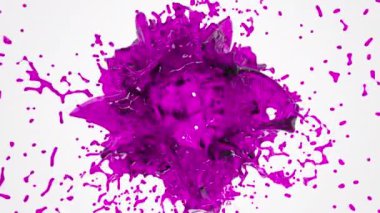 Soyut 3D sıvı simülasyon patlaması. Beyaz arka planda mor akışkan sıvı patlama. Alfa kanalı. Doku arkaplan canlandırması.