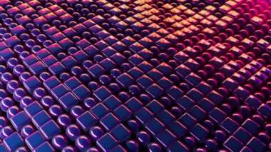 3 boyutlu soyut canlandırma, neon ışıkta toplar ve küplerle. Güzel dalgalar, kusursuz döngü görüntüleri. Eflatun küreler karanlık arka plandaki dalgalar gibi hareket ediyor.