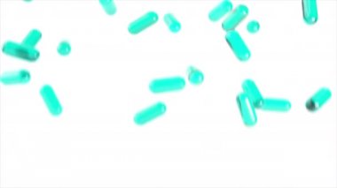 Açık mavi 3D gerçekçi haplar beyaz izole arka planda yavaş çekimde düşüyor. Medicine 3d canlandırma arkaplanı.