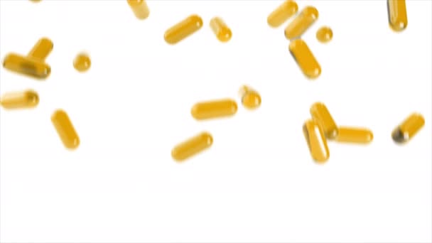 Arany Realisztikus Gél Tabletták Esik Lassított Felvételen Fehér Elszigetelt Háttérrel — Stock videók