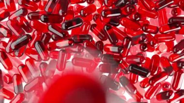 Kırmızı 3D gerçekçi jel hapları beyaz izole arka planda yavaş çekimde düşüyor. Medicine 3d canlandırma arkaplanı.