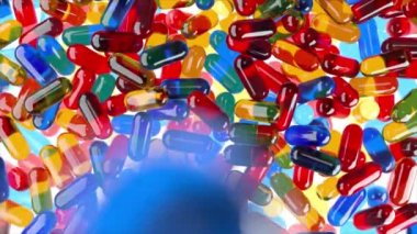 Beyaz izole edilmiş arka plana yavaş çekimde düşen üç boyutlu gerçekçi jel hapları. Medicine 3d canlandırma arkaplanı. 