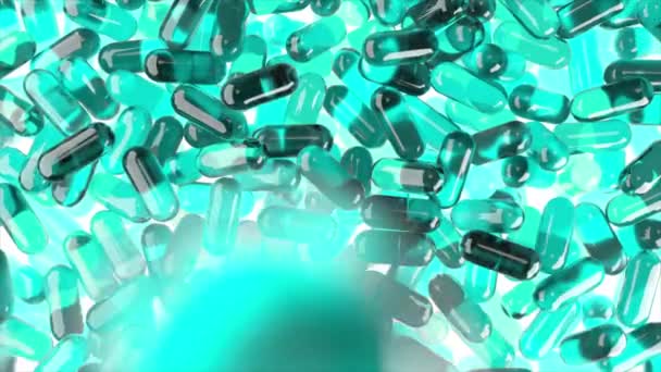 Light blue 3D realistic pills falling down in slow motion on white isolated background. Medicine 3d animation backdrop.