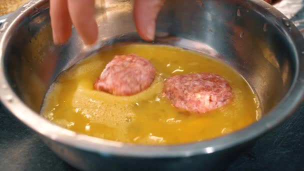 Dip Meatballs Raw Egg Close Slow Motion Footage Put Meat — Αρχείο Βίντεο