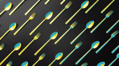 Abstract 3D render animation yellow and blue forks and spoons moving from down to up on black background surface. Seamless loop footage. Creative concept video for cooking theme.